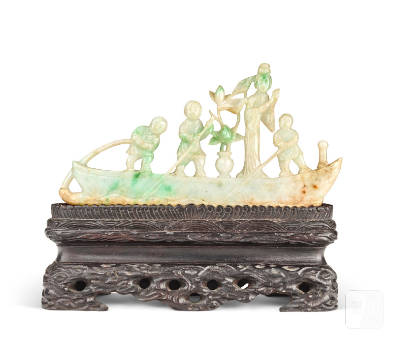 清十九世紀 翠玉童子泛舟擺件  CHINA, QING DYNASTY, 19TH CENTURY